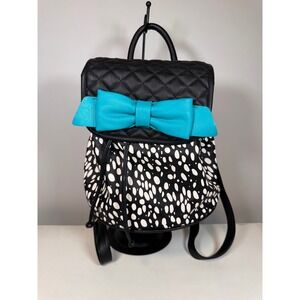 Betsey Johnson Mini Backpack Black White Spotted Quilted Teal Bow Drawstring